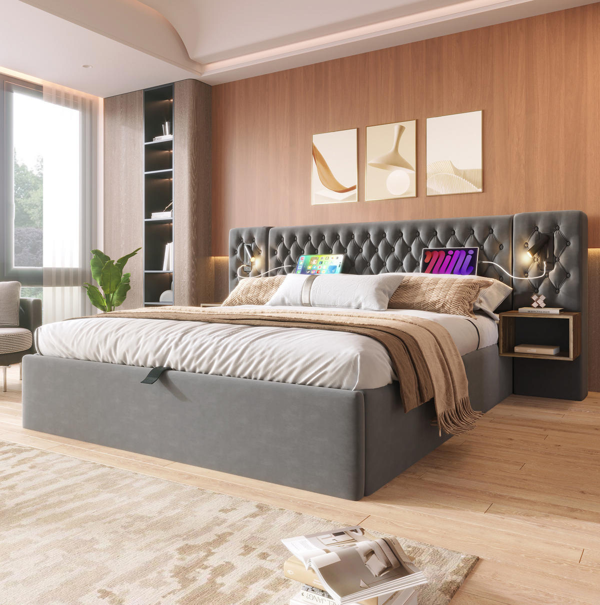 BETT mit Stauraum 160x200 cm Samt Grau inkl. Matratze & 2 Nachttische - Grau, Metall (160/200cm) - Meubliv
