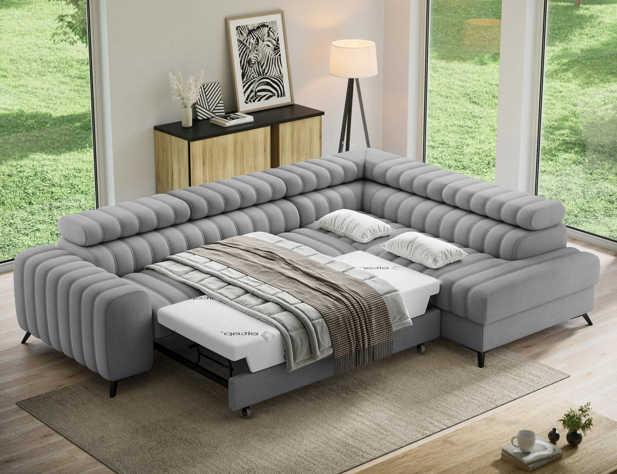 KANEDO Ecksofa mit Schlaffunktion und Bettkasten – Modernes Designsofa, verstellbare Kopfstützen, Metallfüße - Grau, Kunststoff (269/86cm) - Wohnideebilder