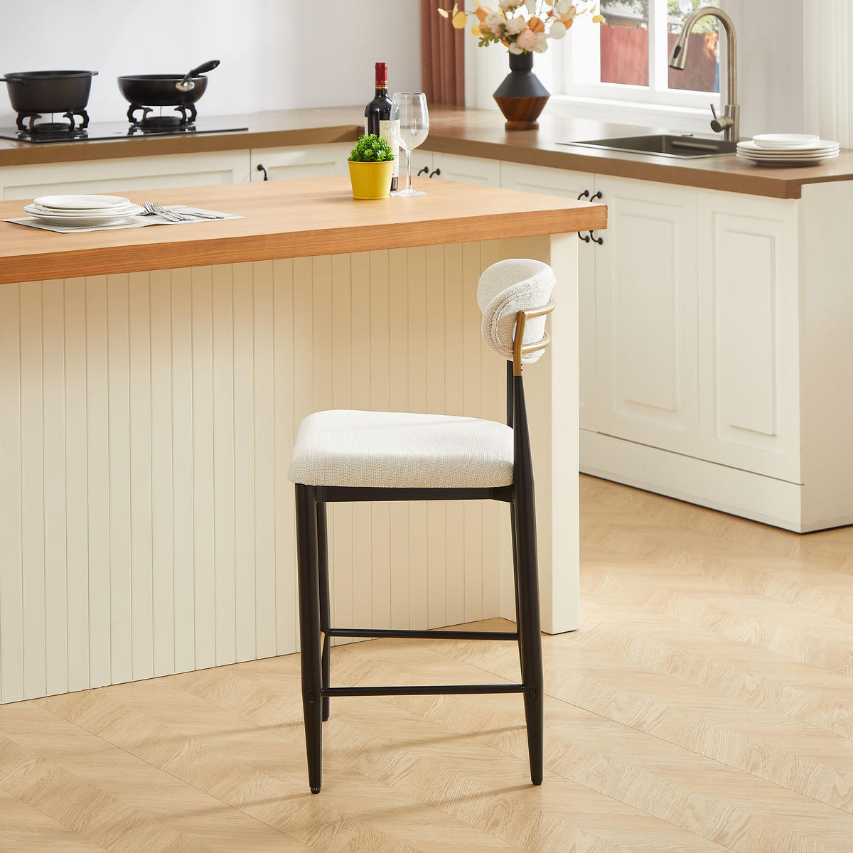 BARHOCKER 2er-Set mit Rückenlehne und Stoffkissen, Creme - Beige, Textil (51/94/50cm)