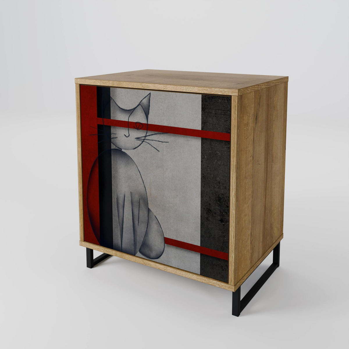 SIDEBOARD GRAY FIGURES, Eichefarben, 57,5x42x70,5 cm, Schwarze Metall-Sternfüße - Eichefarben/Multicolor, Holzwerkstoff/Metall (57.5/70.5/42cm) - SpaceRebels