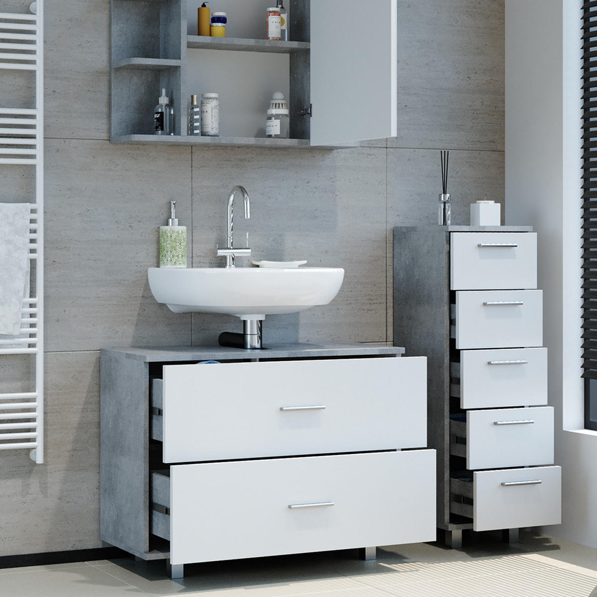 BADMÖBEL-SET Ilias Beton/Weiß 3 Teile, mit Unterschrank 80 cm - Weiß/Grau, Holzwerkstoff (80/60/33cm) - Vicco