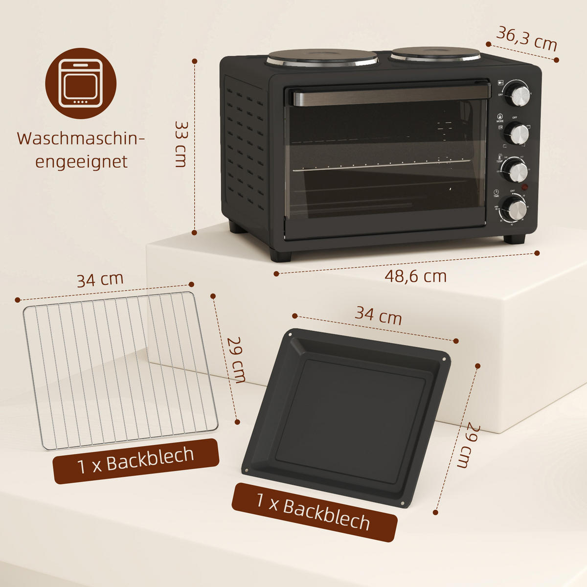MINIBACKOFEN 28L 2600W mit 2 Kochplatten, Pizzaofen mit Backblech & Grillrost, 100-230°C, 60 Min. Timer, Schwarz - Schwarz, Metall (48.6/33/36.3cm) - Beaface