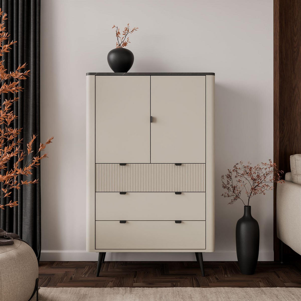 HIGHBOARD mit Schubladen AUTUMN 2D3S mit geriffelter Front, Kaschmir / Grauer Stein - Beige, Holzwerkstoff (90/142/40cm) - Lookway