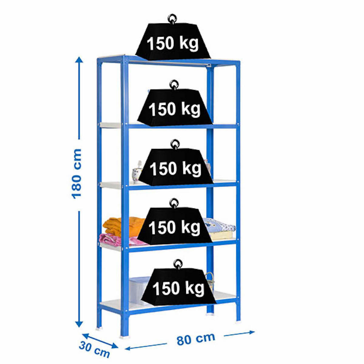 WOHNREGAL LIVING KOALA METAL mit 5 Fachböden | HxBxT 180x80x30cm | Fachlast 150kg | Blau/Weiß - Blau, Metall (80/180/30cm) - PROREGAL