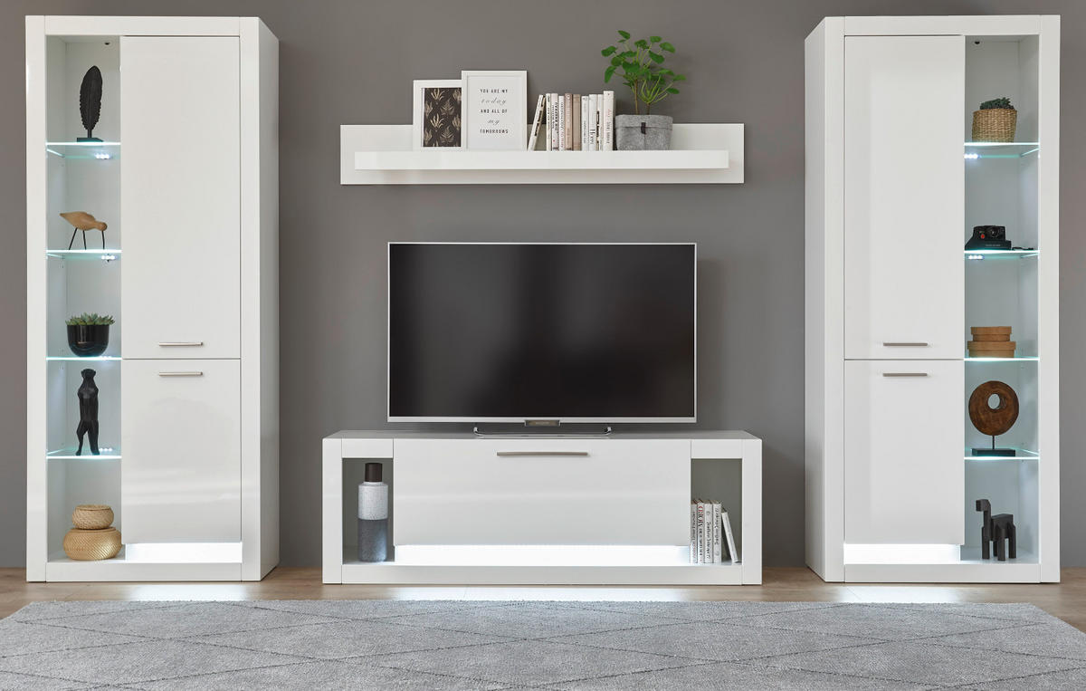 WOHNWAND weiß Hochglanz 4-teilig 350 cm, Schrankwand mit viel Stauraum - Weiß Hochglanz/Silberfarben, Glas/Holzwerkstoff (350/198/43cm) - Furn.Design
