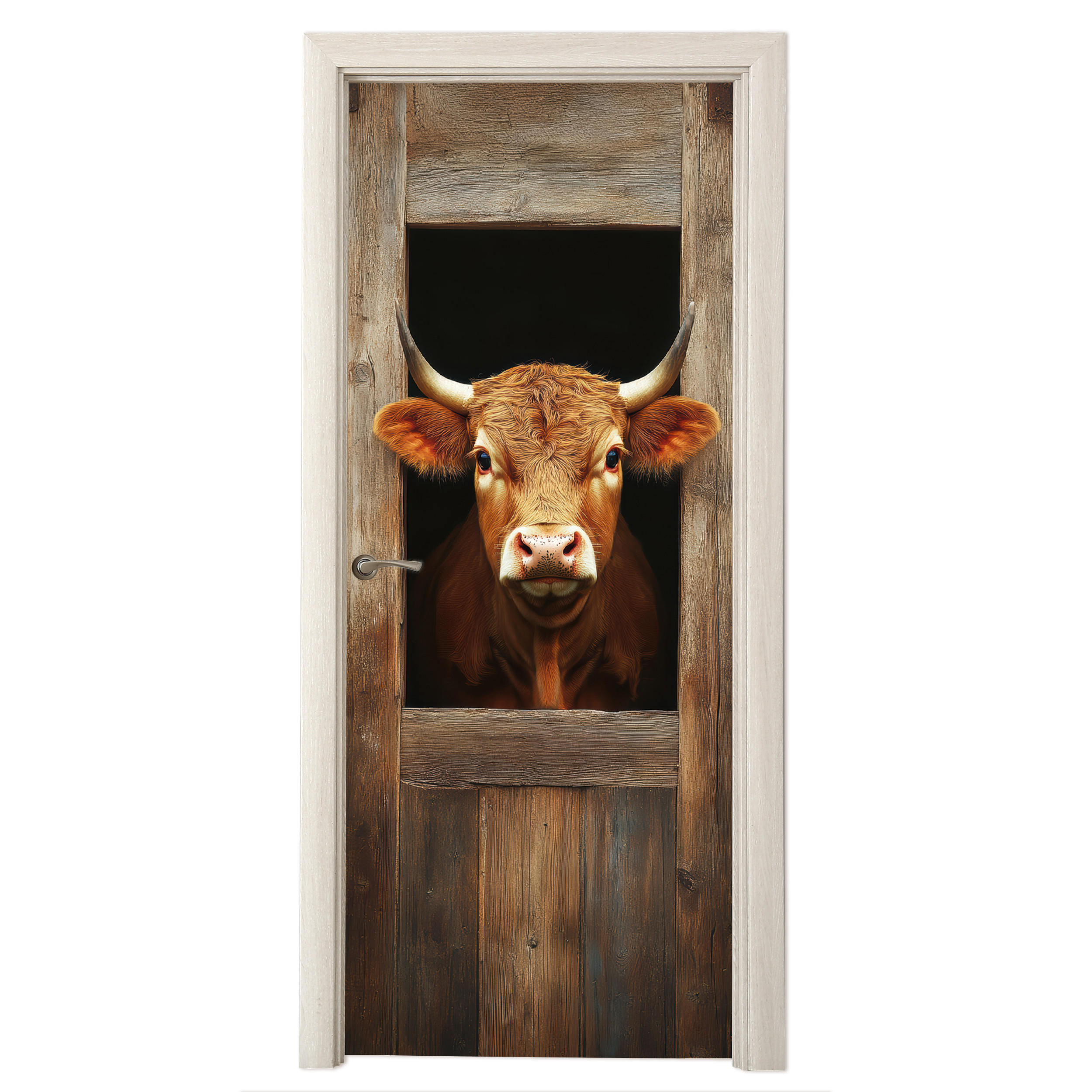 TÜRAUFKLEBER Kuh - Fenster - Holz - Tiere 85x215 cm - Türtapete - Wengefarben, Kunststoff (85/0.1cm) - MuchoWow