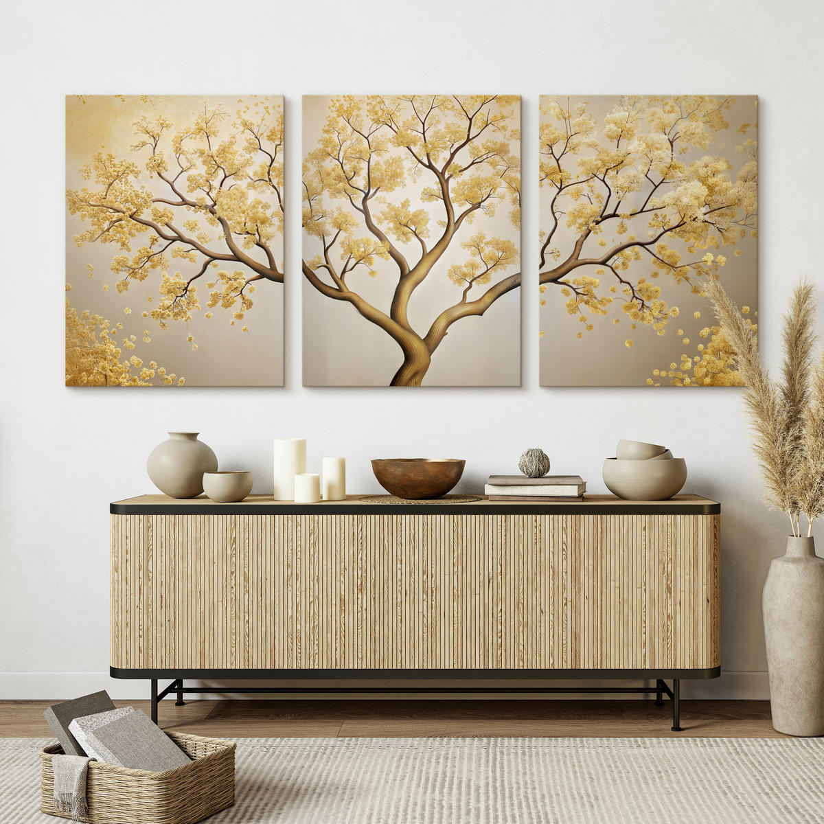 LEINWANDBILDER 3-es Set Baum Blumen - Beige/Weiß, Textil (90/40cm) - Muralo