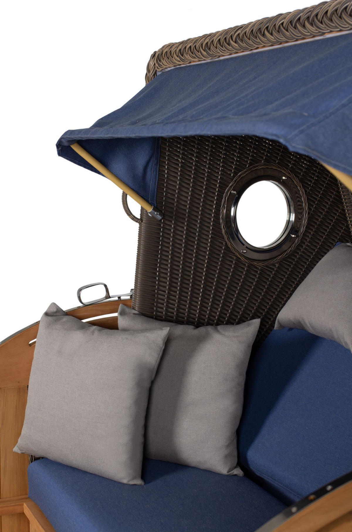 STRANDKORB Komplettset: Borkum XL Teak Bullauge - PE grau - Modell 595 - Blau/Grau, Holz/Kunststoff (142/170/95cm) - bene living