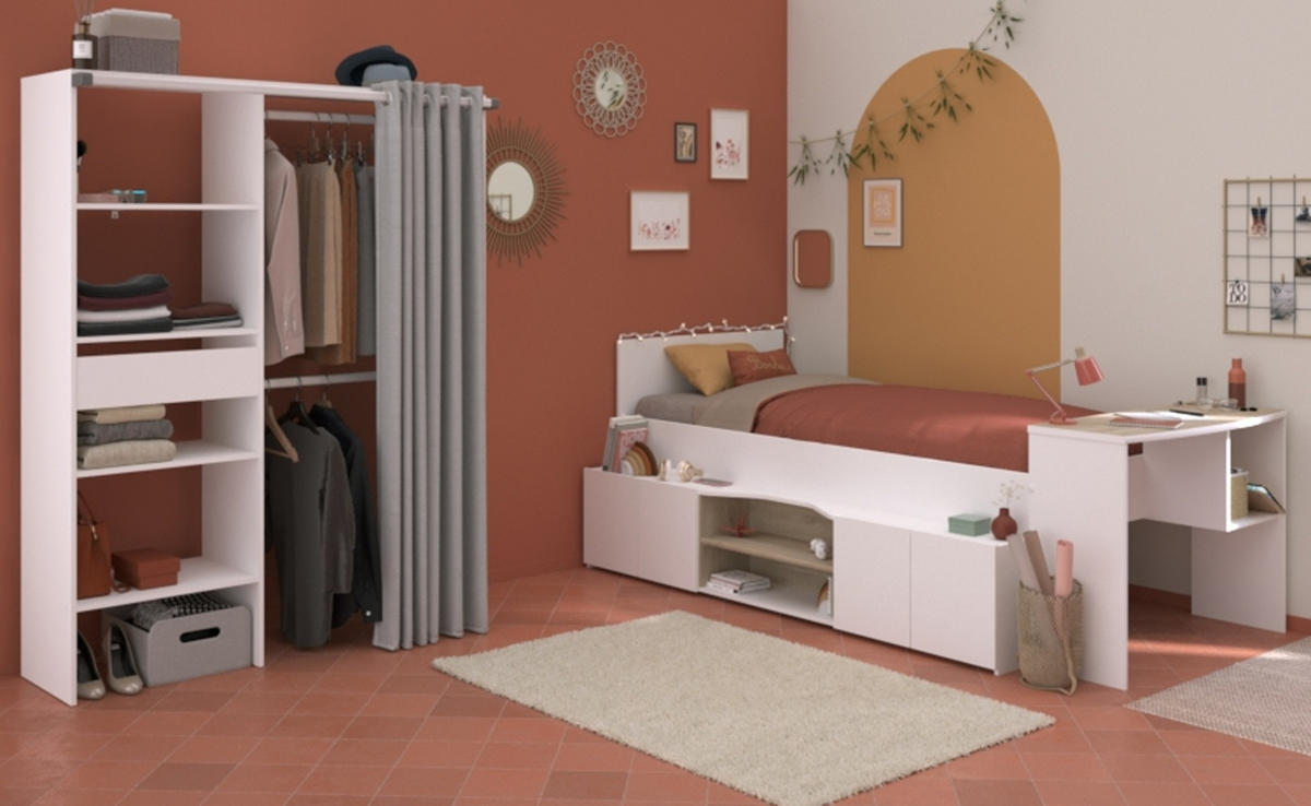 KINDERZIMMER weiß, Eiche 2-teilig, Jugendzimmer-Set mit Stauraumbett und Kleiderschrank - Eichefarben/Weiß, Holzwerkstoff/Metall (241/182/116cm) - Parisot Meuble