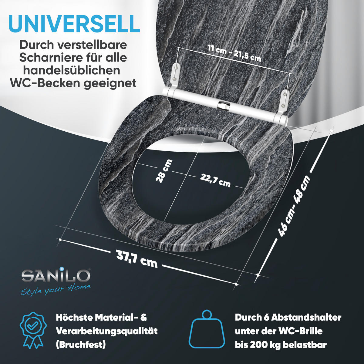 WC-SITZ mit Absenkautomatik Top Fix - Schwarz, Holzwerkstoff (38/5.5/47cm) - Sanilo