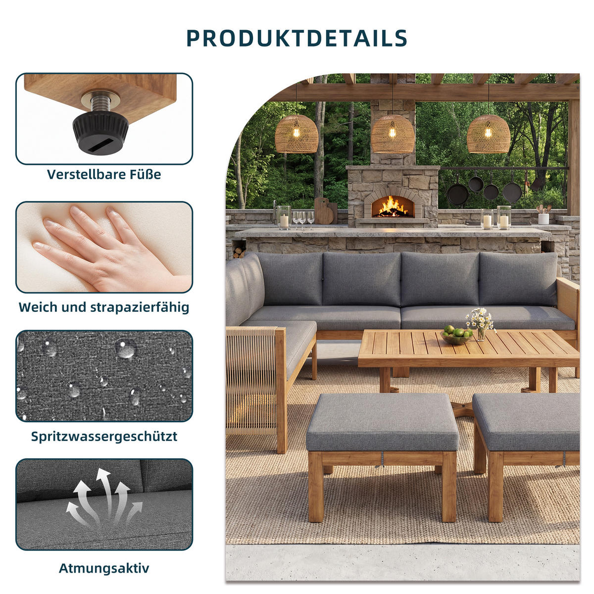 GARTENLOUNGE Akazienholz 6 Sitzer Ecksofa Tisch Hocker Kissen - Grau, Holz - FLIEKS
