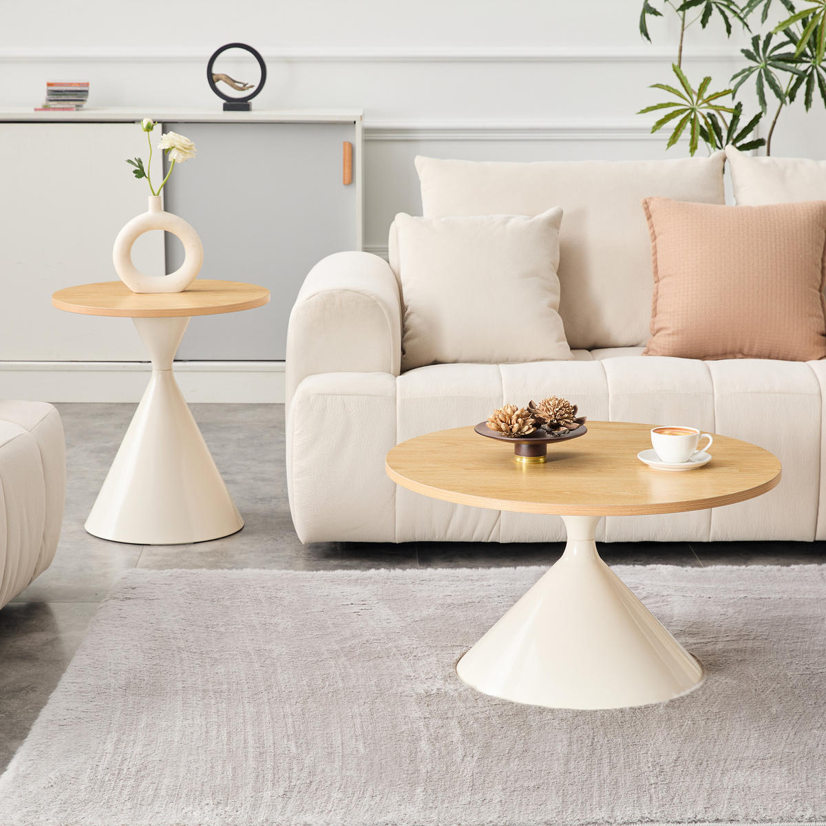 COUCHTISCH-SET DE-37434 2er-Set konusförmig mit Holzoptik Naturholz/Creme - Creme/Naturfarben, Metall (50/50/50cm) - ComfortXL