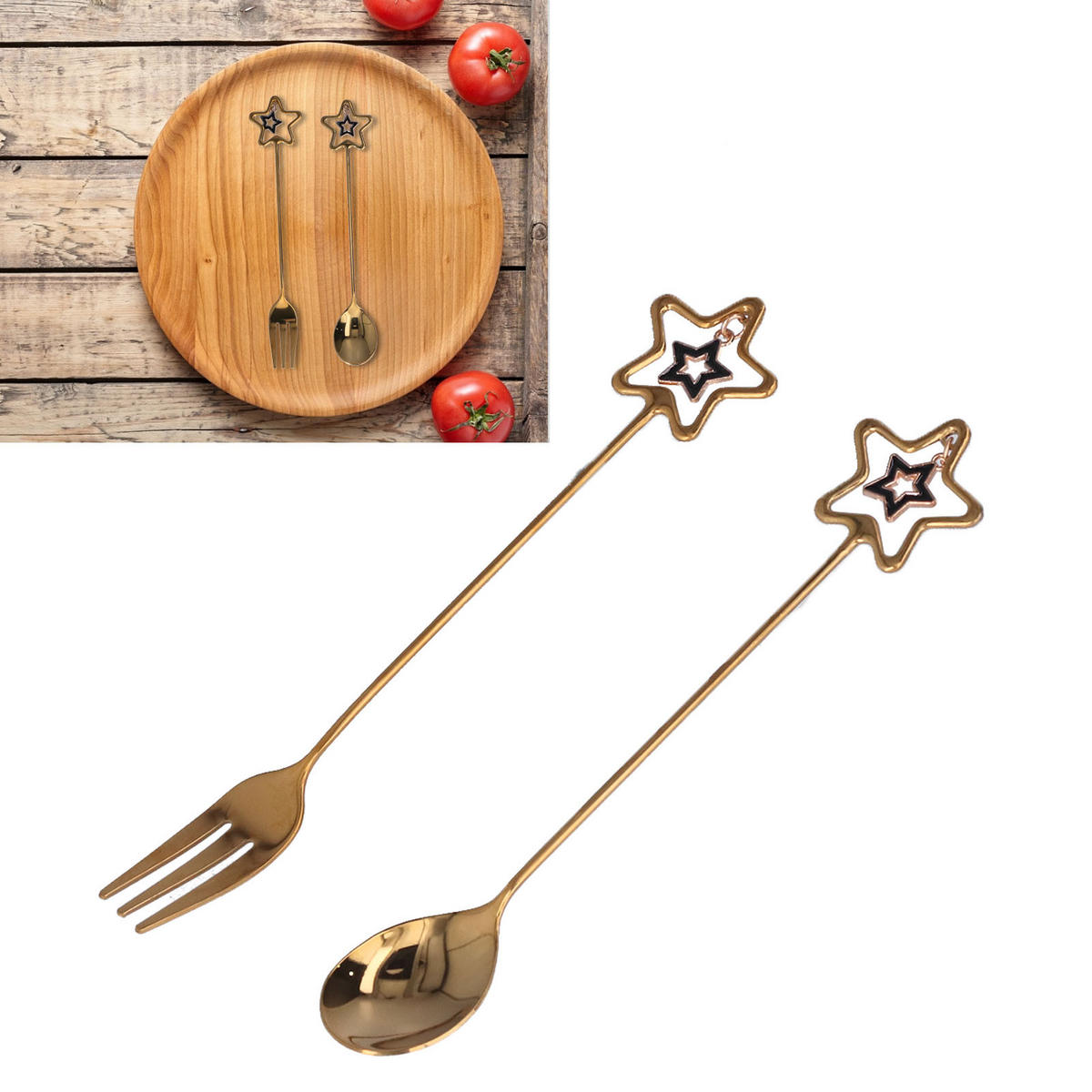 BESTECK-SET 2-teiliges Anhänger-Besteck Löffel und Gabel - Braun, Metall