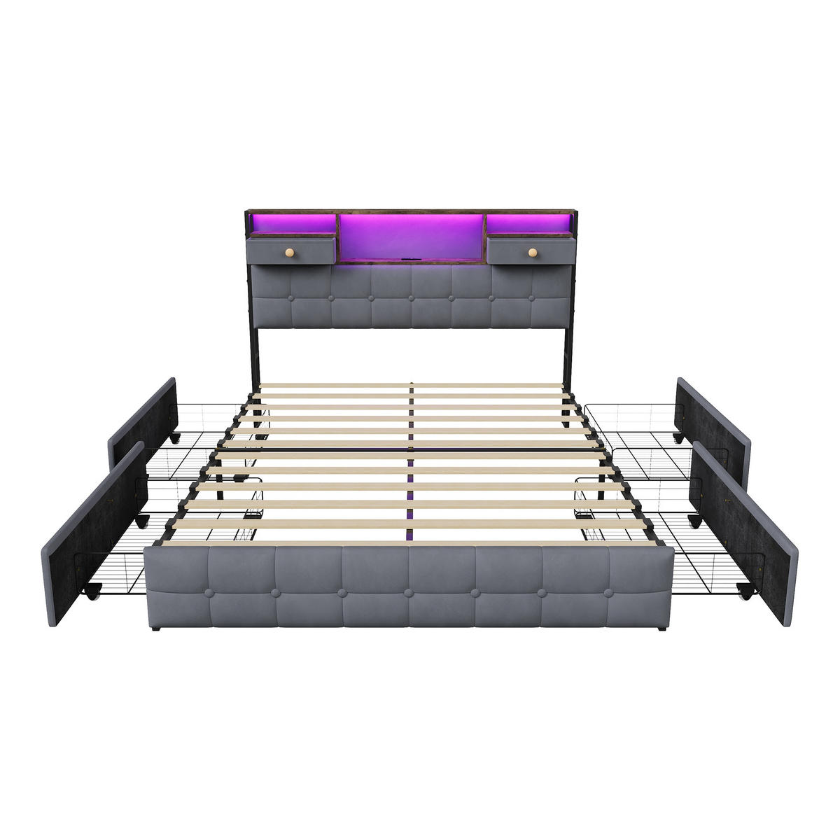STAURAUMBETT 140/200 cm aus Samt, mit 4 seitlichen Schubladen + 2 Kopfteil-Schubladen, LED und USB-Anschluss, Grey - Grau, Holzwerkstoff (160/200cm) - Brevoria