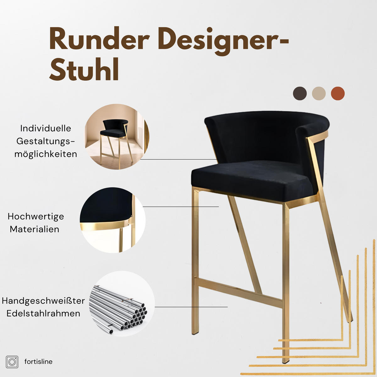 GLAM Elegance Barhocker – Handgefertigter Luxus in Gold - Goldfarben, Textil/Metall (49/87/49cm) - Fortisline