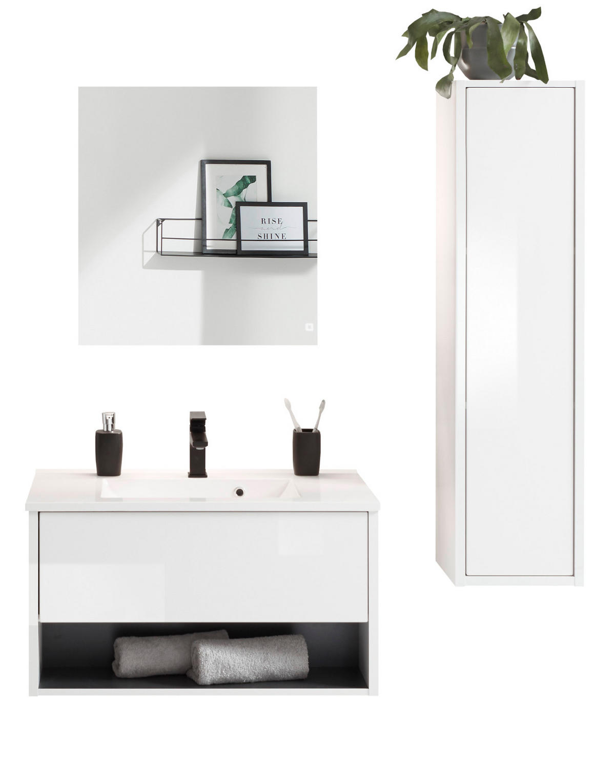 BADMÖBEL-SET weiß Hochglanz, grau, Badezimmer Schränke mit Waschbecken, LED Beleuchtung 120 cm - Weiß Hochglanz/Grau, Glas/Holzwerkstoff (120/190/47cm) - Furn.Design