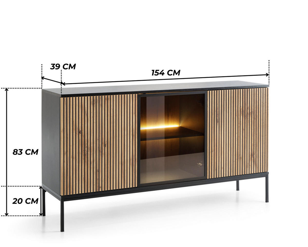 MODERNE Geriffelte Kommode LAGOS K3D (Schwarz, Eiche Wotan, LED, Metallfüße, Push to Open) - Eiche Wotan/Schwarz, Glas/Holz (154/83/39cm) - Ravio