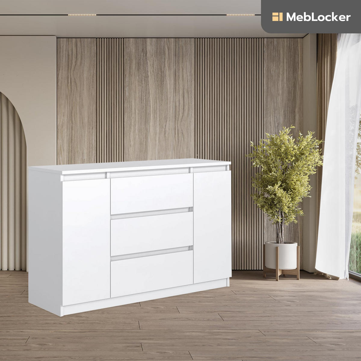 KOMMODE mit 3 Schubladen 2 Schranktüren 120 cm Weiß - Weiß, Holzwerkstoff (120.4/78.2/39cm) - MebLocker