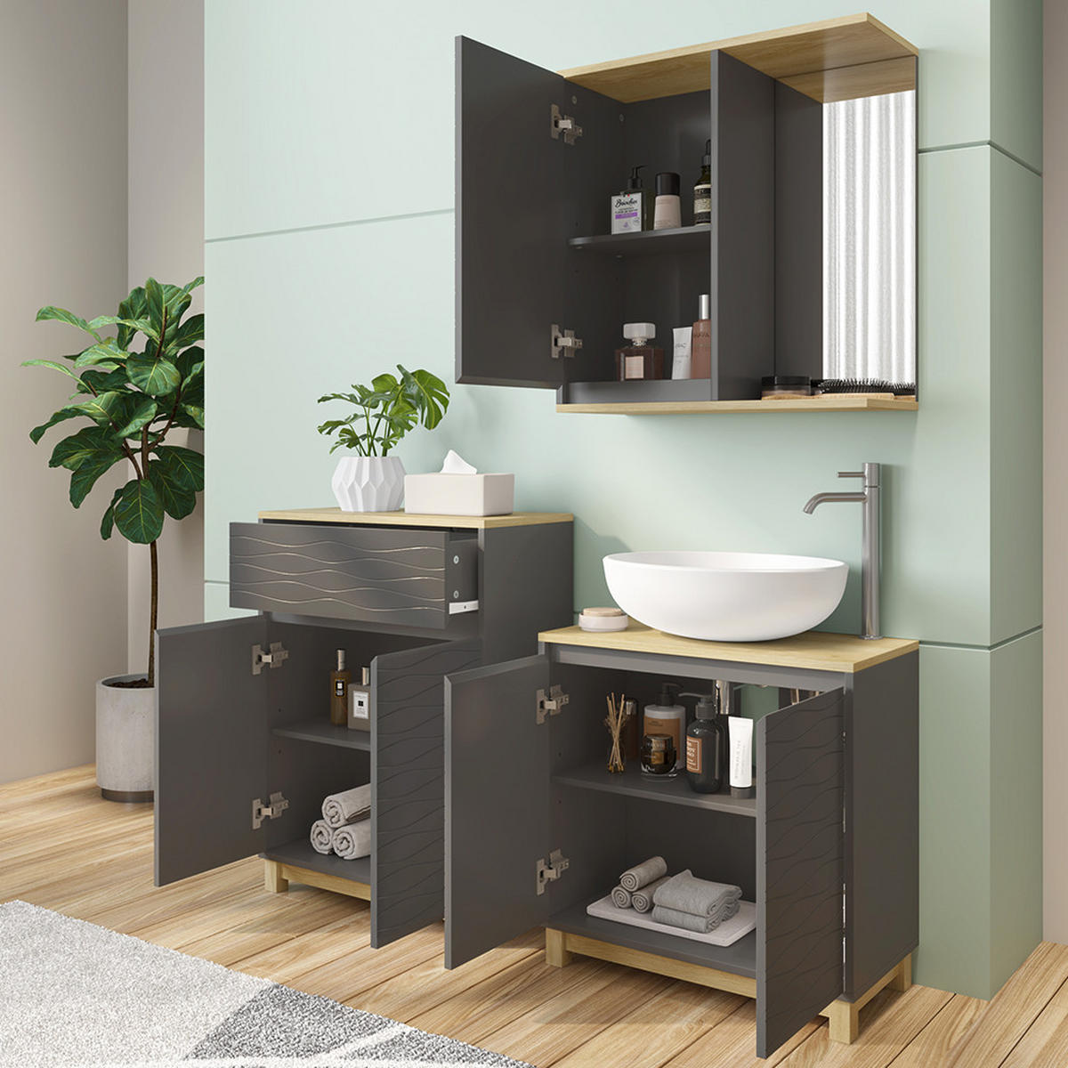 BADMÖBEL-SET Livia Anthrazit/Eiche 3 Teile, mit Badregal - Eichefarben/Anthrazit, Holzwerkstoff (60/60/30cm) - Vicco