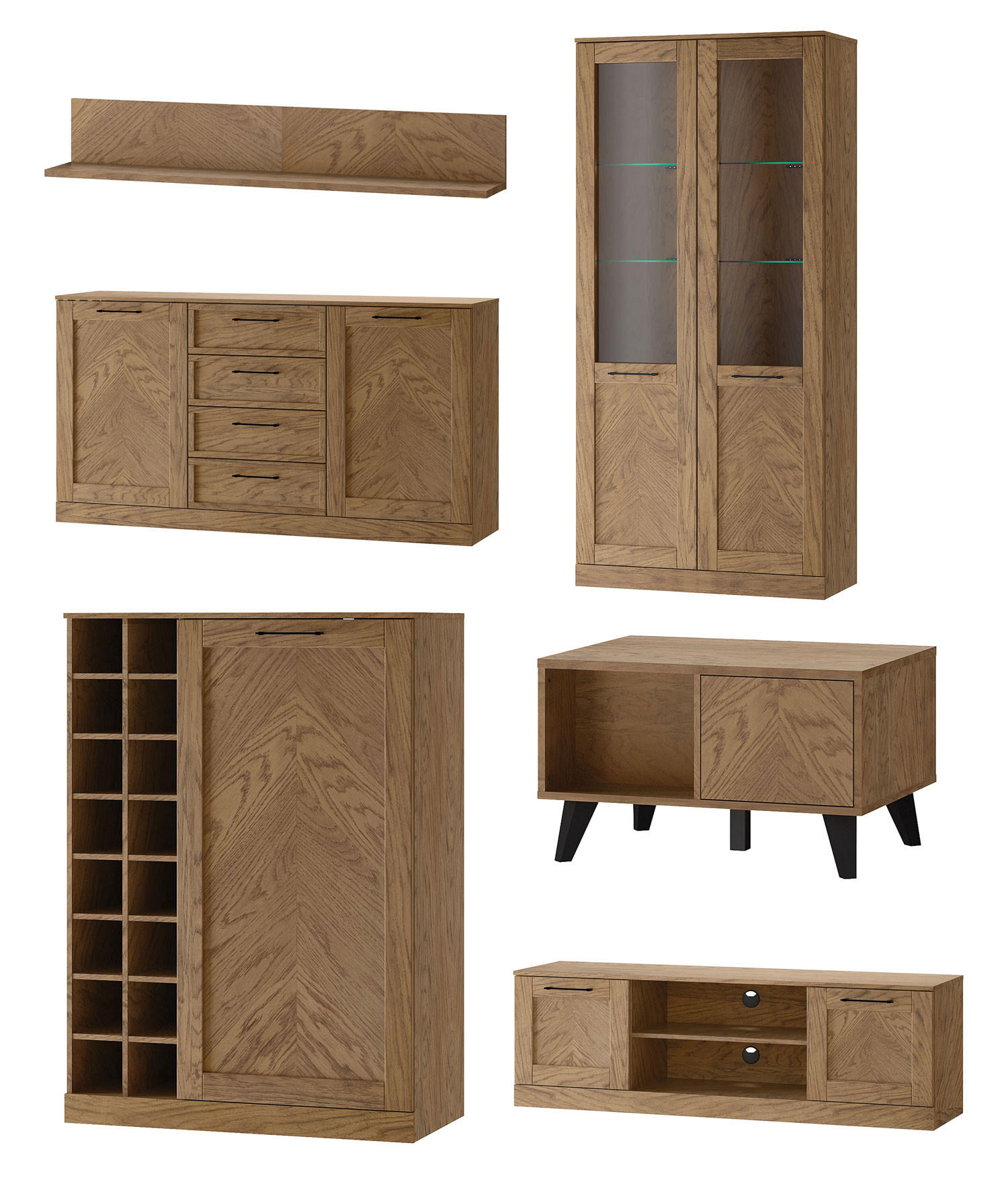 WOHNZIMMER-SET Cozy Eiche Rustikal 6-teilig - Eichefarben/Braun, Holz/Metall (355/200/60cm) - Feldmann-Wohnen