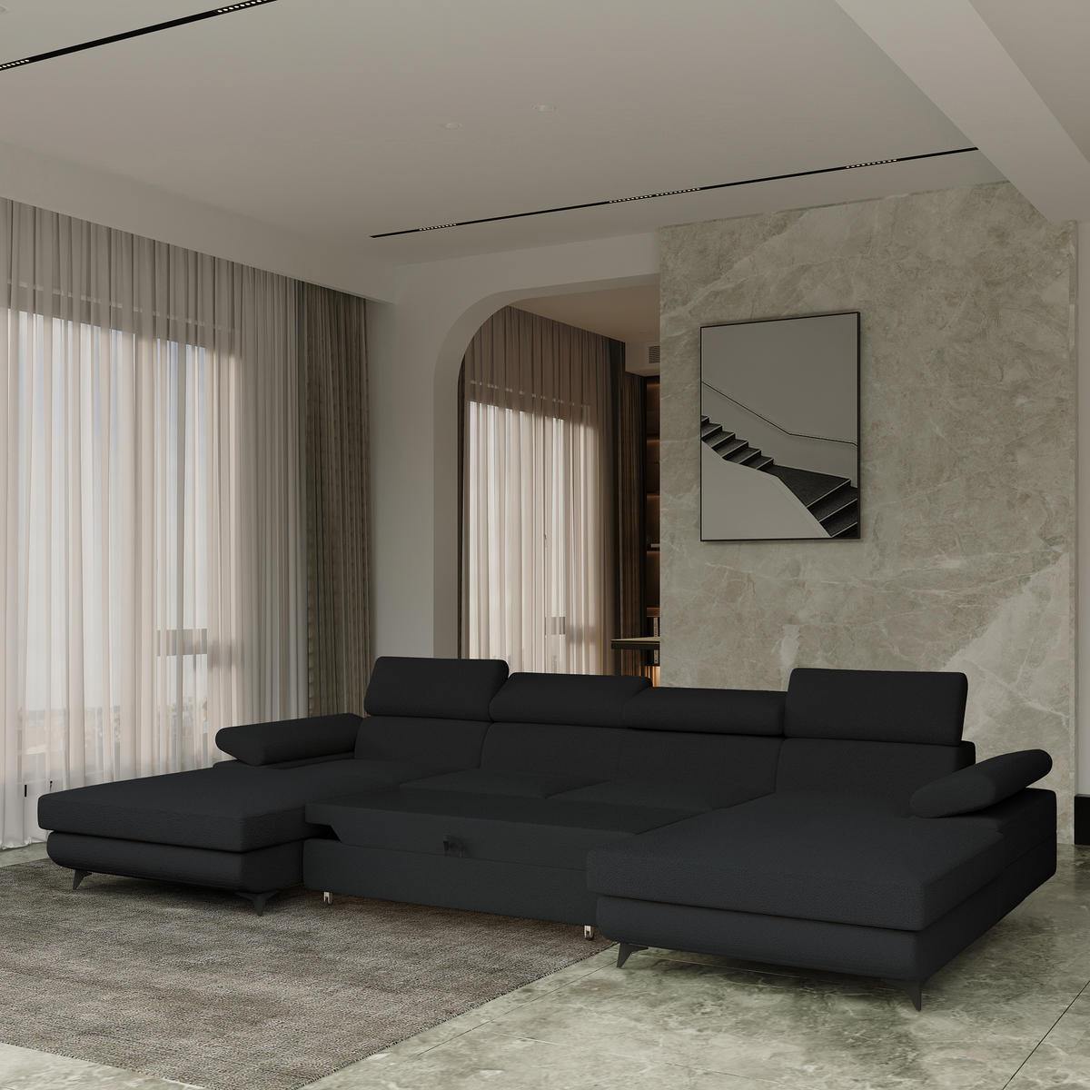 WOHNLANDSCHAFT DETTI Schwarz Boucle-Stoff mit Schlaffunktion - Schwarz, Holz (339/89/190cm) - MASSENO