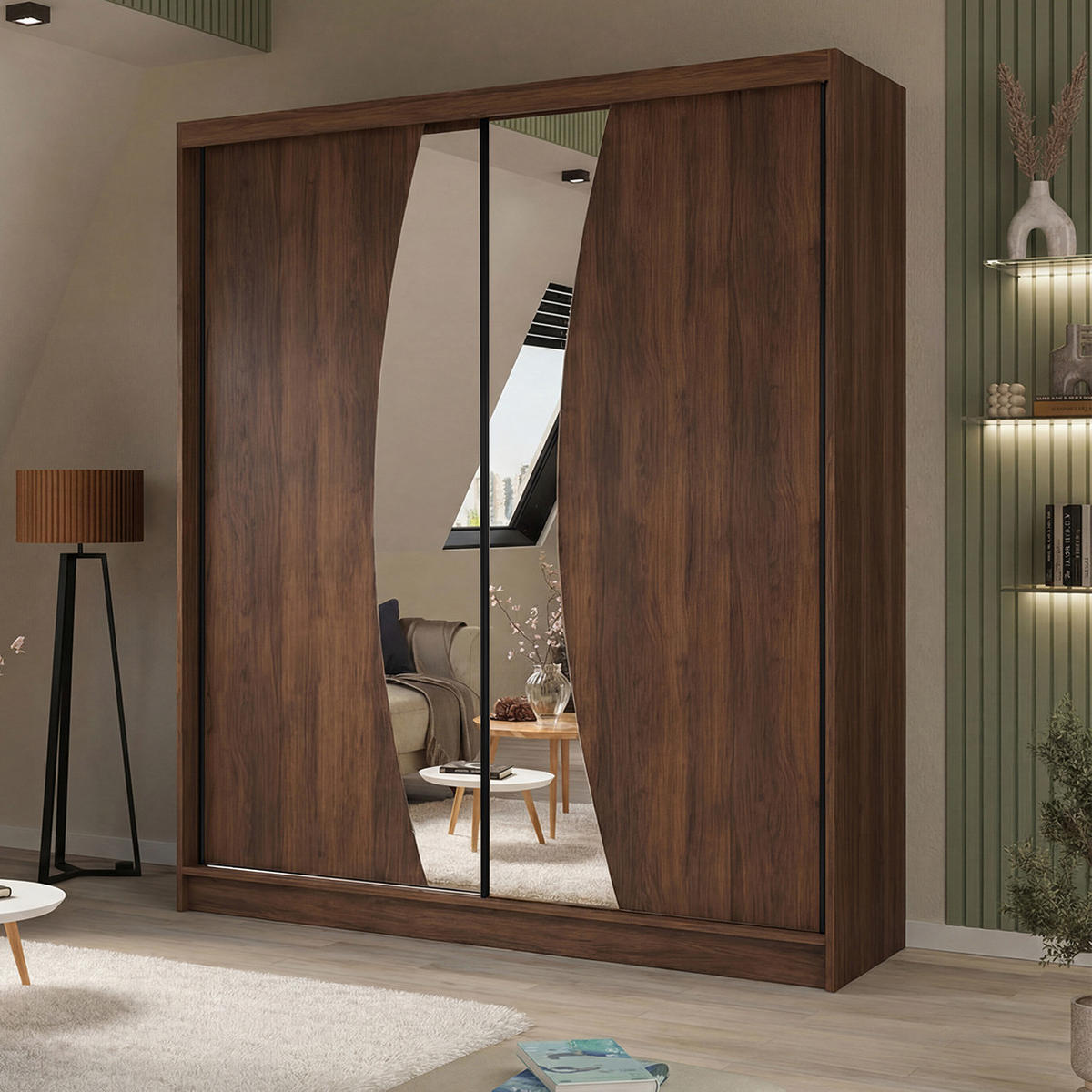 SCHWEBETÜRENSCHRANK Vox II mit Schubladen und Spiegel 200/216/61 Walnuss - Walnussfarben, Holzwerkstoff (200/216/61cm) - Beautysofa