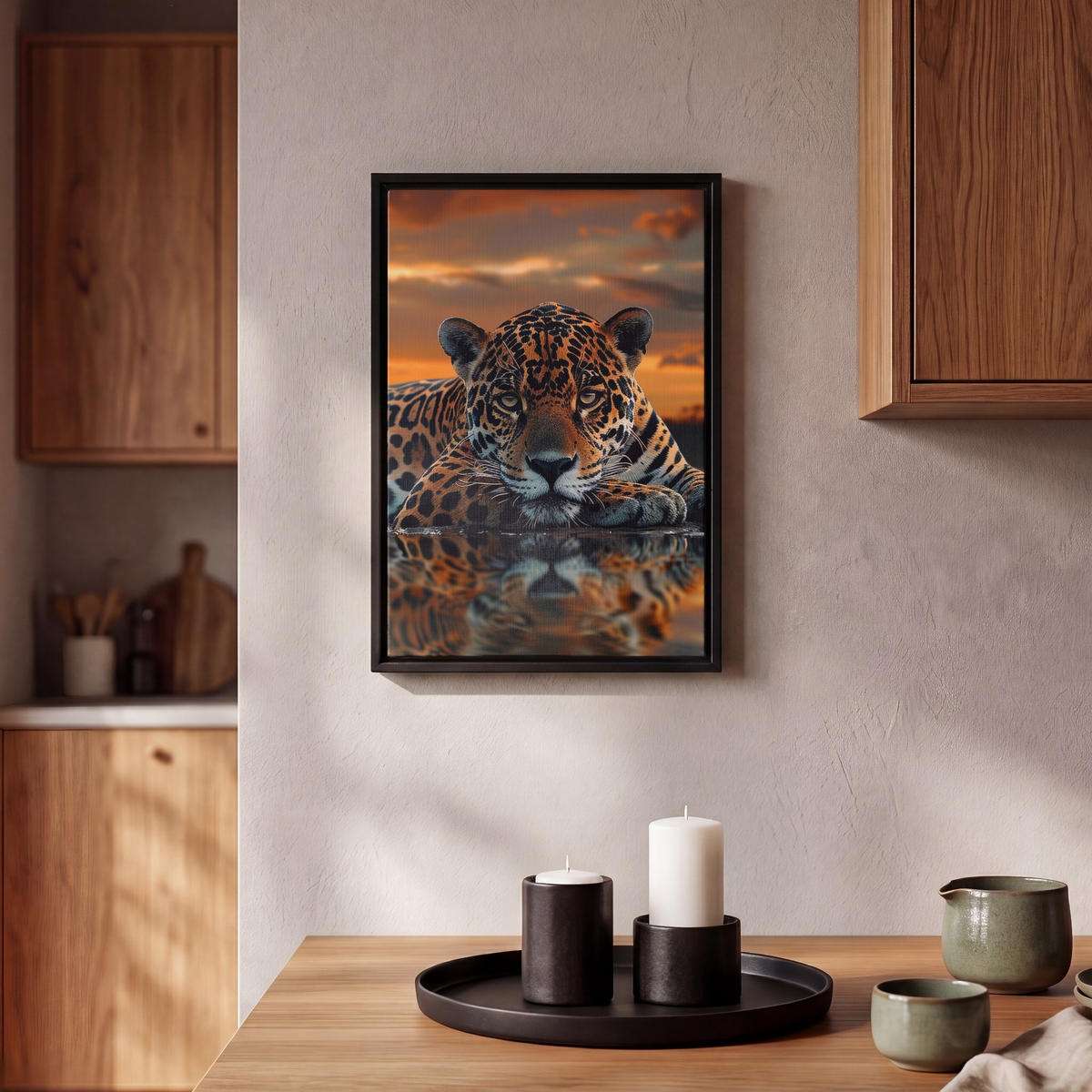 LEINWAND Bilder mit Rahmen - Natur - Leopard - Tier - Sonnenuntergang - Modern - 20x30 - Orange, Textil (20/30cm) - MuchoWow