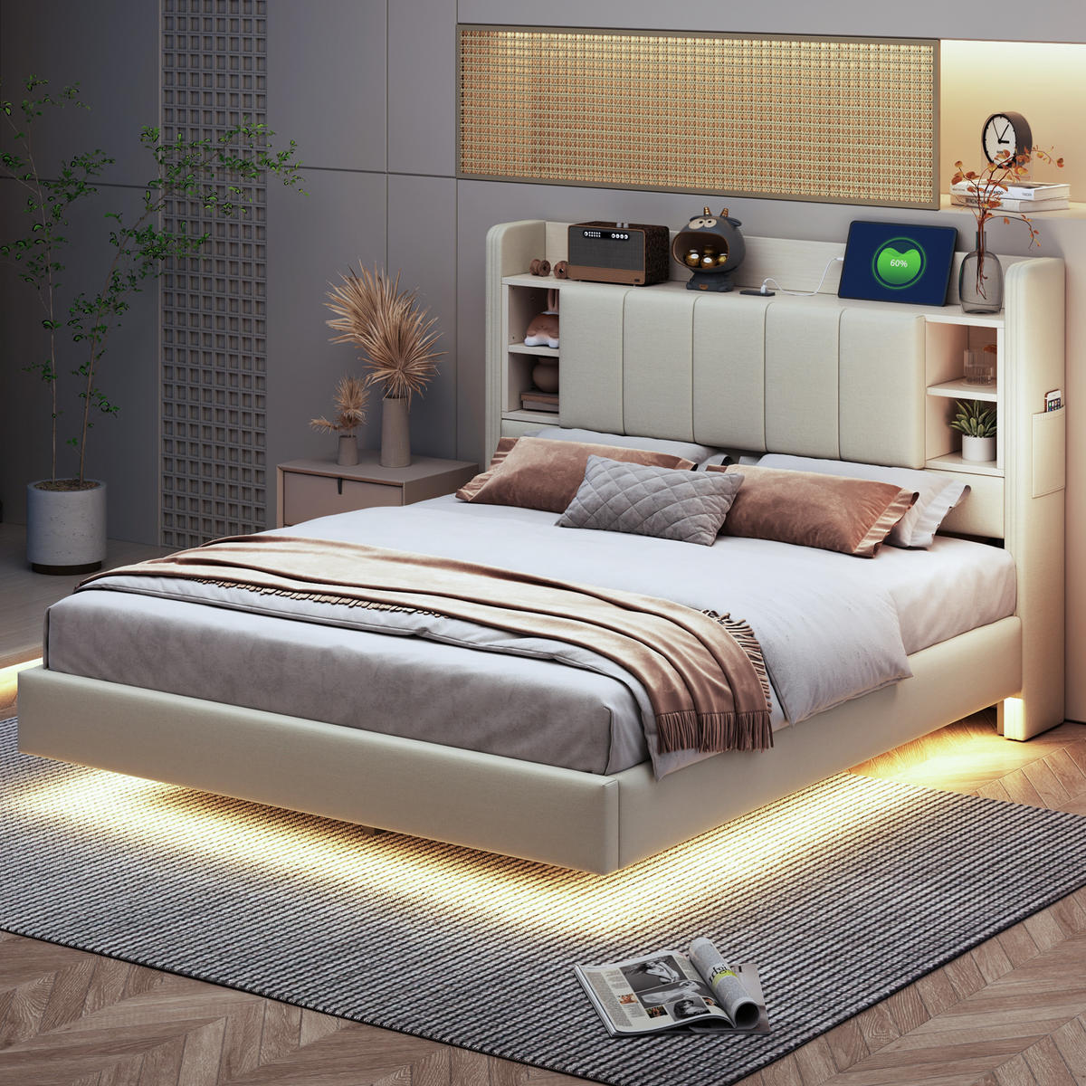 POLSTERBETT 140/200 cm Beige mit USB-Anschluss und LED-Beleuchtung, Wendbares Kopfteil mit Ablagefächern - Beige, Textil (140/200cm) - OKWISH