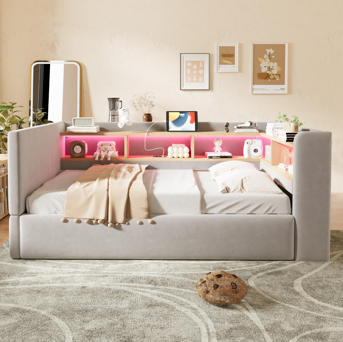 POLSTERBETT 90/190 cm aus Flanell mit LED und Steckdosen, Hellgrau - Hellgrau, Textil (90/190cm) - OKMYHOME
