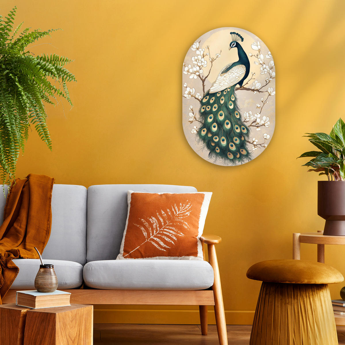 WANDBILD Pfau - Zweig - Blumen 40x60 cm - Champagner, Kunststoff (40/60cm) - MuchoWow