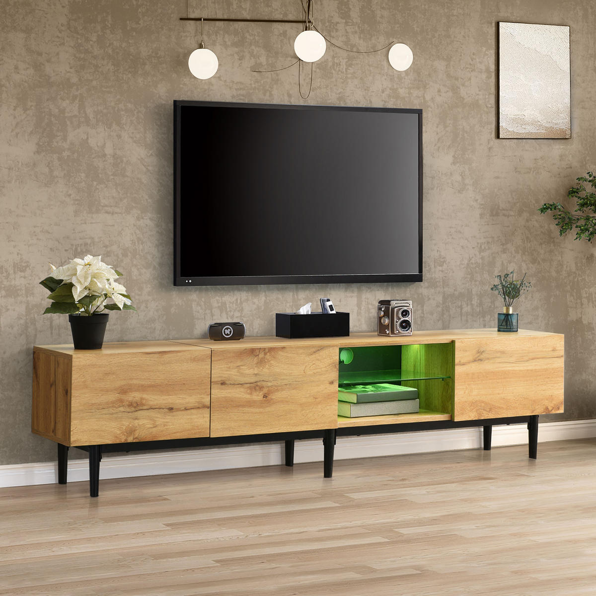 LOWBOARD in Eichefarben mit Holzmaserung und LED-Licht für Wohnzimmer, B175/T31/H41 cm - Eichefarben/Schwarz, Holzwerkstoff/Metall (175/41/31cm) - STILVORA