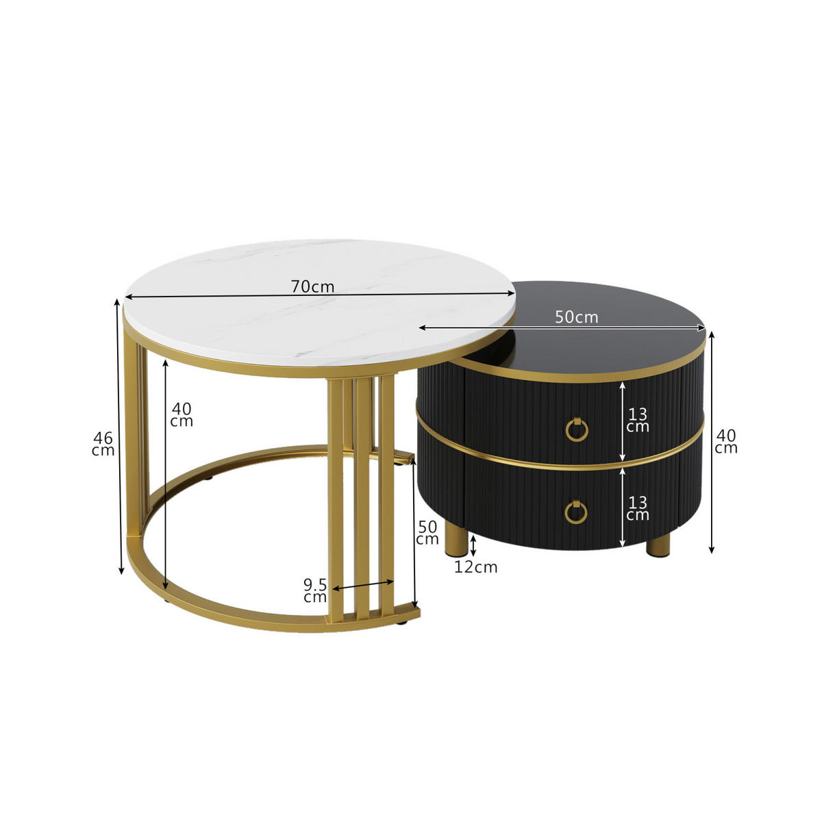 COUCHTISCH-SET Schwarz mit Marmorfurnier und 2 Schubladen - Schwarz, Metall (70/70/46cm)