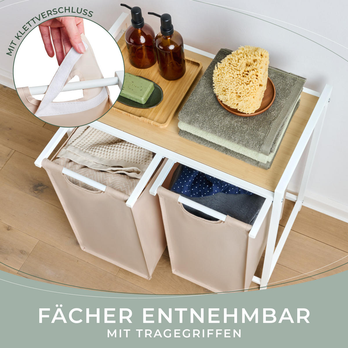 WÄSCHESAMMLER 2 Fächer Creme - Wäschekorb mit Ablage in Bambus-Optik - Wäschesortierer 2 Fächer - Creme, Textil (64.5/73/36cm) - Blumtal
