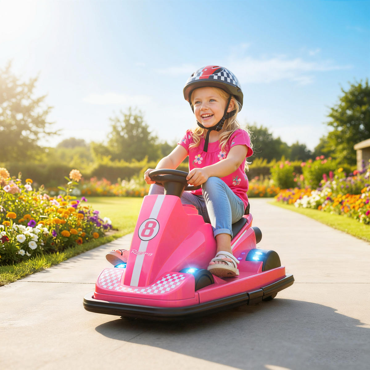 AUTOSCOOTER DE-06270 360° drehbar mit Lenkrad und LED-Lichtern Rosa - Pink, Kunststoff/Metall (74/53/48cm) - ComfortXL