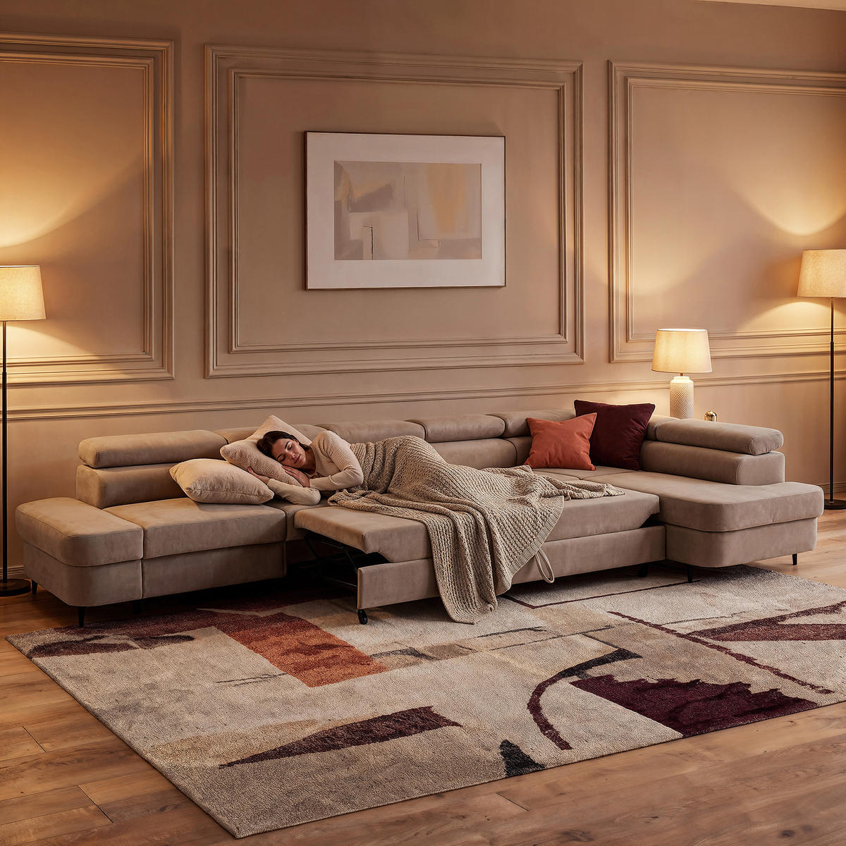 ECKSOFA PRIAM XXL L-Form Rechts mit Schlaffunktion 125x265 Velours Creme - Creme/Schwarz, Holz/Textil (420/203cm) - Muffo