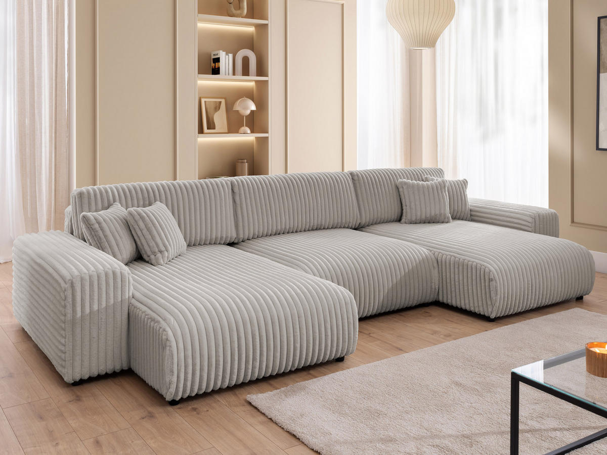 WOHNLANDSCHAFT Mollis Hellgrau Plüschcord mit Schlaffunktion - Hellgrau/Schwarz, Holz/Kunststoff (350/77/168cm) - S-Style Möbel