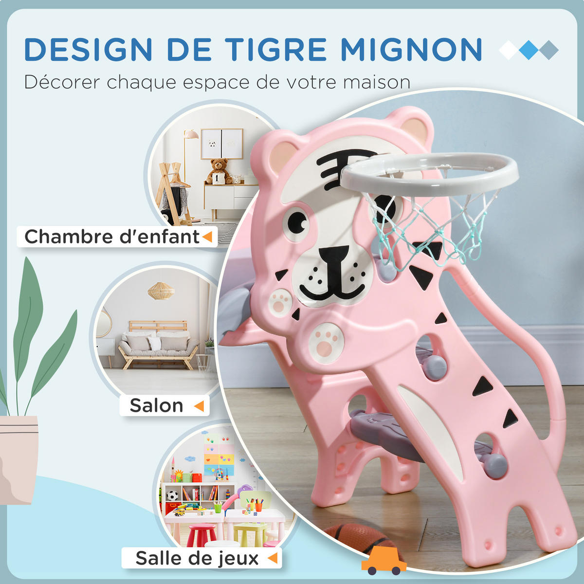 KINDERRUTSCHE DE-17985 3-in-1 mit Basketballkorb & Tigermotiv Rosa - Pink, Kunststoff (60/70/133cm) - ComfortXL