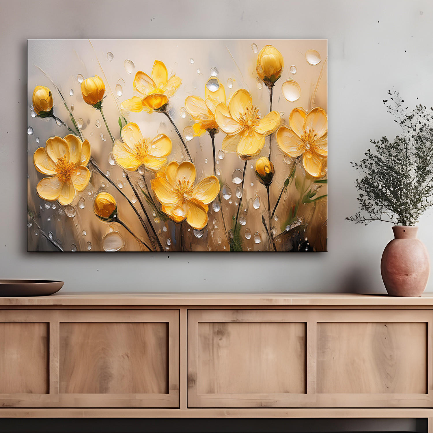 WANDBILD gelbe blumen pflanzen tautropfen - Gelb, Textil (60/40cm) - Feeby