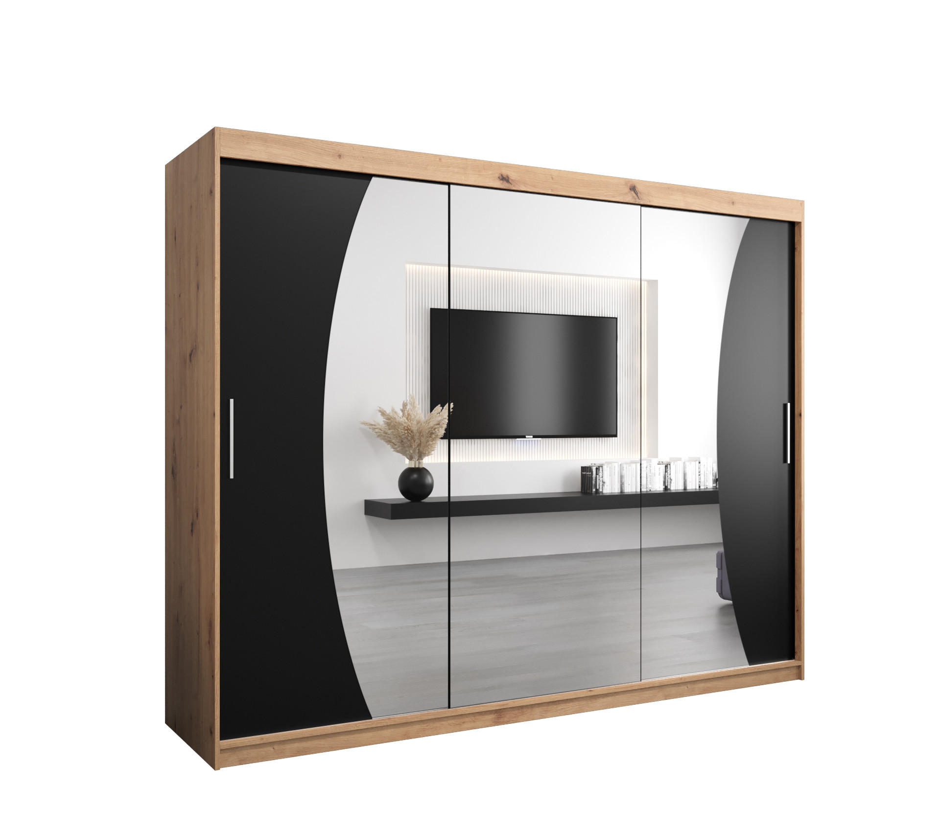 Abiks Möbel Schwebetürenschrank Eiche Artisan, Schwarz 250x200x62 cm