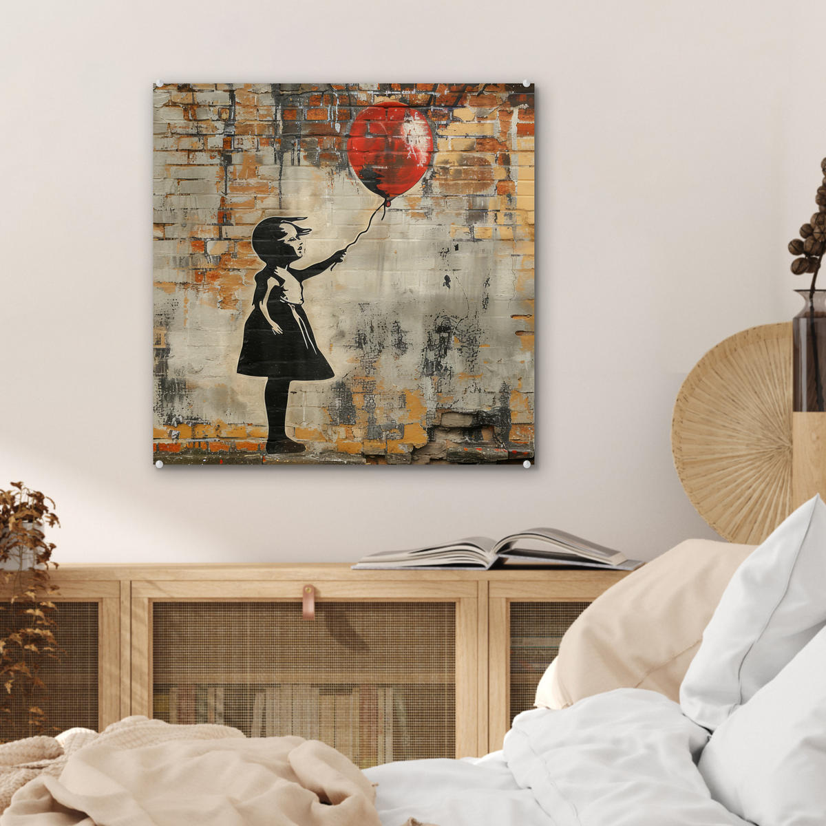 ACRYLGLASBILD Graffiti - Banksy - Mädchen - Straßenkunst 50x50 cm - Sandfarben, Glas (50/50cm) - MuchoWow