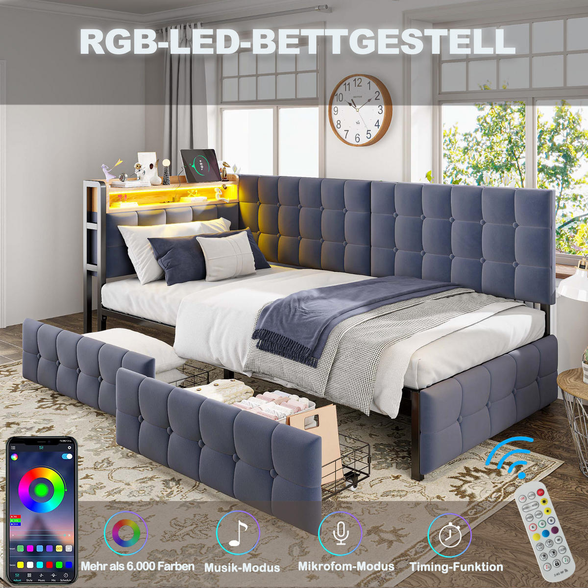 POLSTERBETT 90x200 cm LED USB Schubladen grau - Grau, Textil (90/200cm) - LEBENLANG