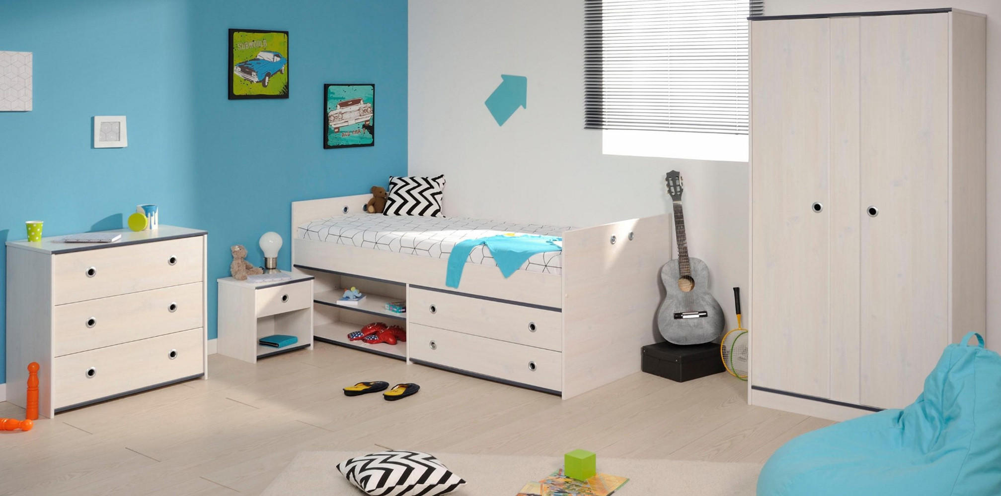 KINDERZIMMER Set Kleiderschrank Kommode Nachttisch Bett 90x200 cm - Weiß/Kieferfarben, Holz/Holzwerkstoff (290/182/95cm) - Parisot Meuble