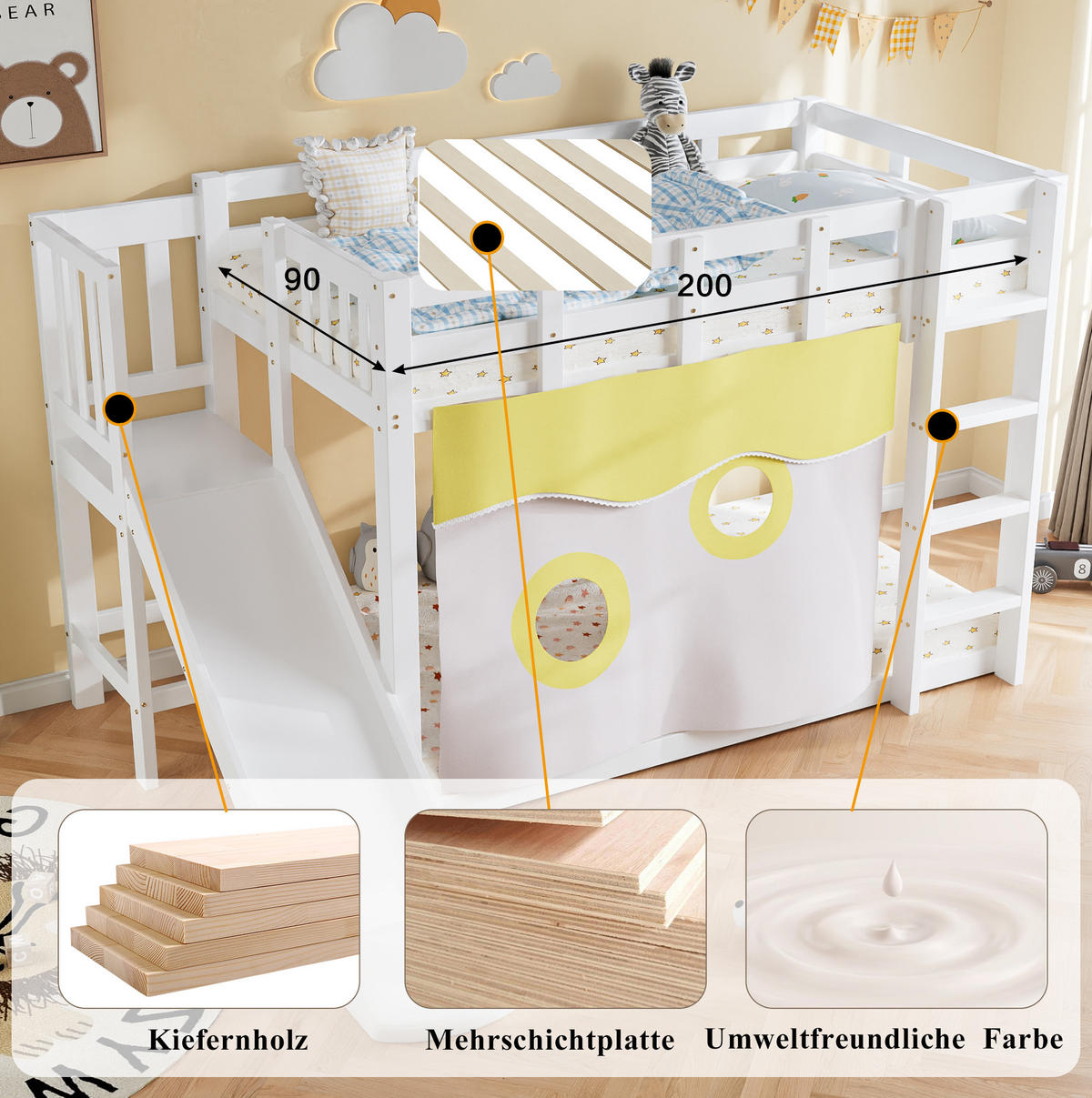 ETAGENBETT 90x200 cm in Weiß mit Treppe, Rutsche und Bettvorhang - Weiß, Holzwerkstoff (90/200cm) - BEAOK