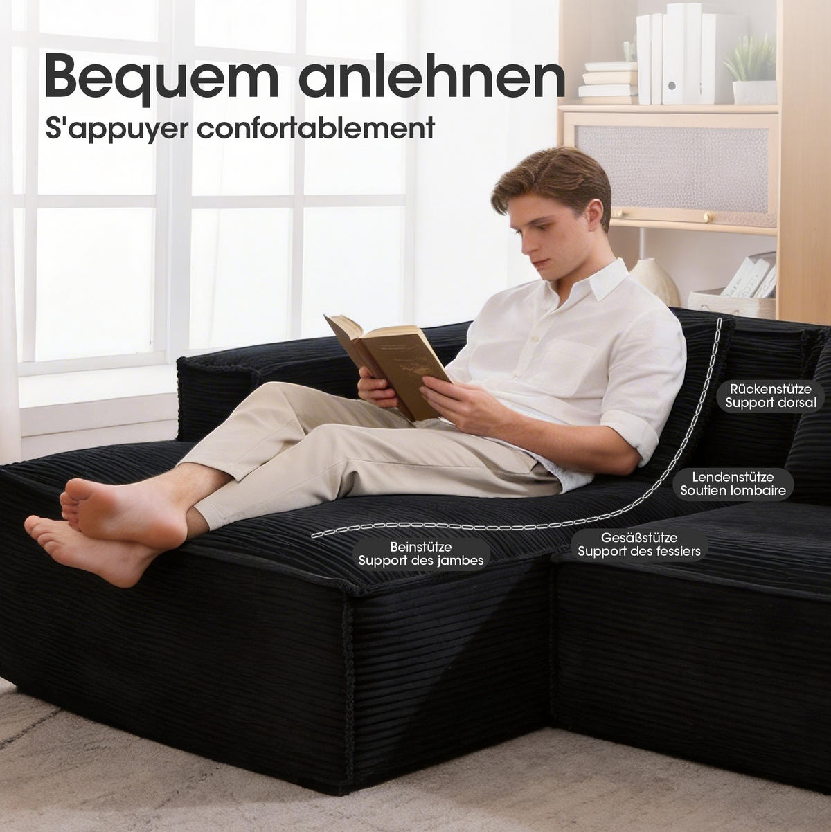 ECKSOFA aus Polyester 235 cm Schwarz mit Taschenfederkern und pflegeleichtem Bezug, kompakt für kleine Räume - Schwarz, Textil (235/129cm) - Modfu