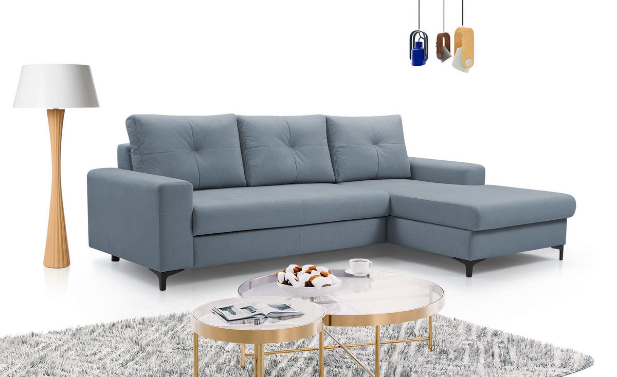 ECKSOFA AVRA L-förmig, mit Stauraumbehälter-in RINO-Stoff, Komfort & Eleganz, lose Rückenkissen, freistehend, RECHTS 251x165x85 cm Blue - Blau, Holz/Textil (251/165cm) - DomoHome