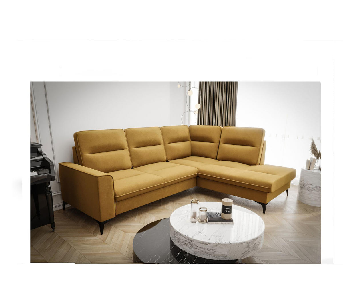 ECKSOFA KONGO RBN14, Eckcouch in L-Form mit Schlaffunktion, Farbe: Gelb, Velourstoff, Ottomane Rechts - Gelb, Textil (260/200cm) - O-Sofa