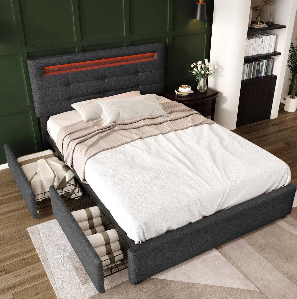 POLSTERBETT 90/200 cm mit Matratze LED-Beleuchtung, 2 Schubladen, verstellbarem Kopfteil und Federkernmatratze, Grau - Grau, Textil (90/90cm) - Redom