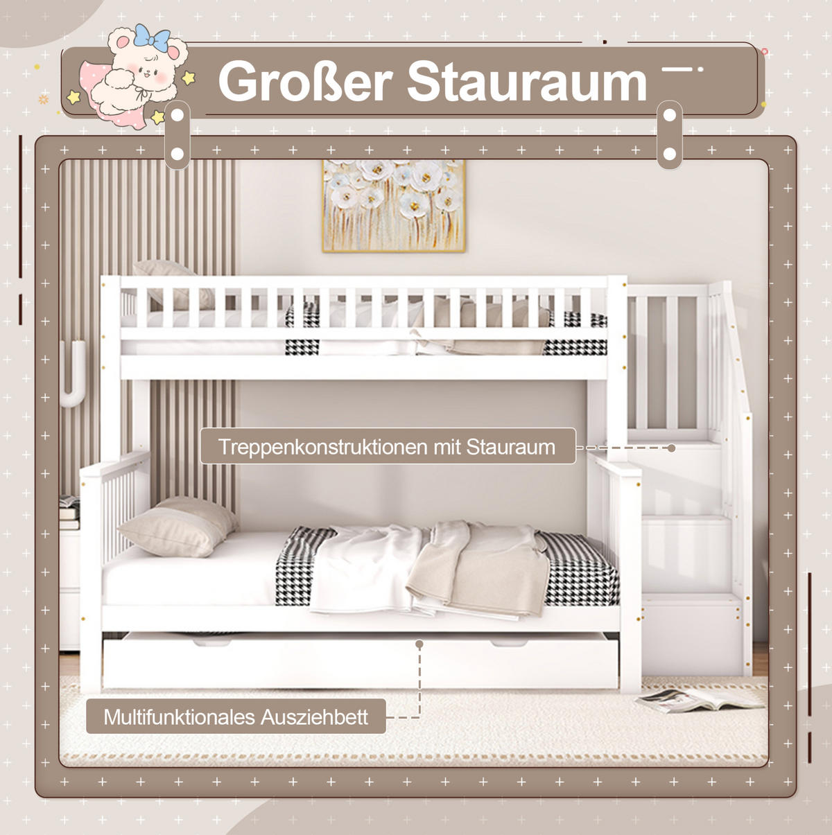 ETAGENBETT 90/200 und 140/200 cm Weiß mit Rollbett und Treppe Ohne Matratze - Weiß, Holz (90/200cm) - OKWISH