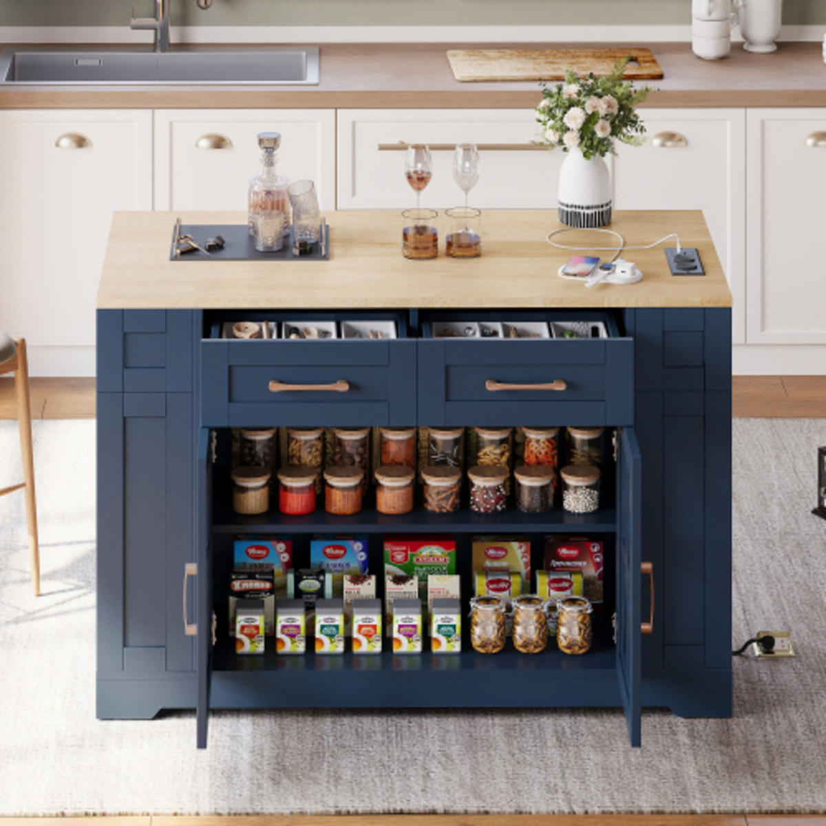 KÜCHENINSEL Blau-Neutral aus MDF mit klappbarer Erweiterungsplatte, Steckdosen und Laufrollen 120 × 40(65) × 92 cm - Blau, Holzwerkstoff (120/92/65cm) - Luhomfu