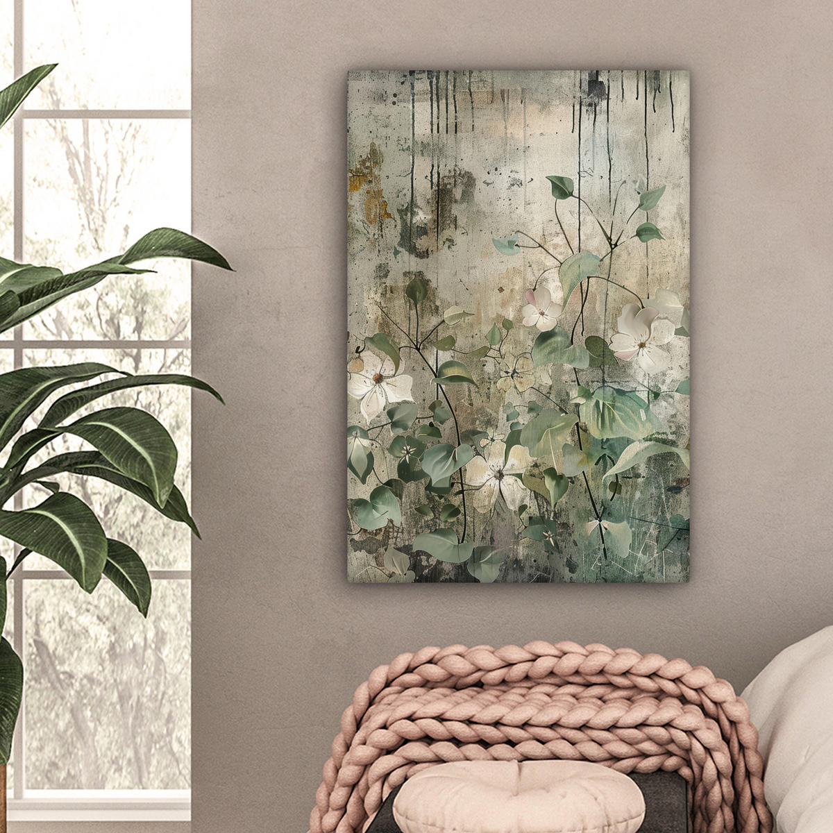 LEINWANDBILD - Blumen - Blätter - Abstrakt - Modern - 60x90 - Kunstdruck - Grau, Textil (60/90cm) - MuchoWow